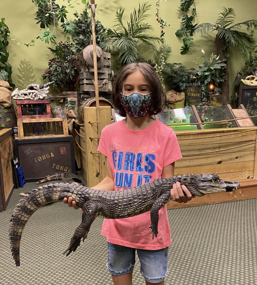 A girl holding an alligator in her hands.