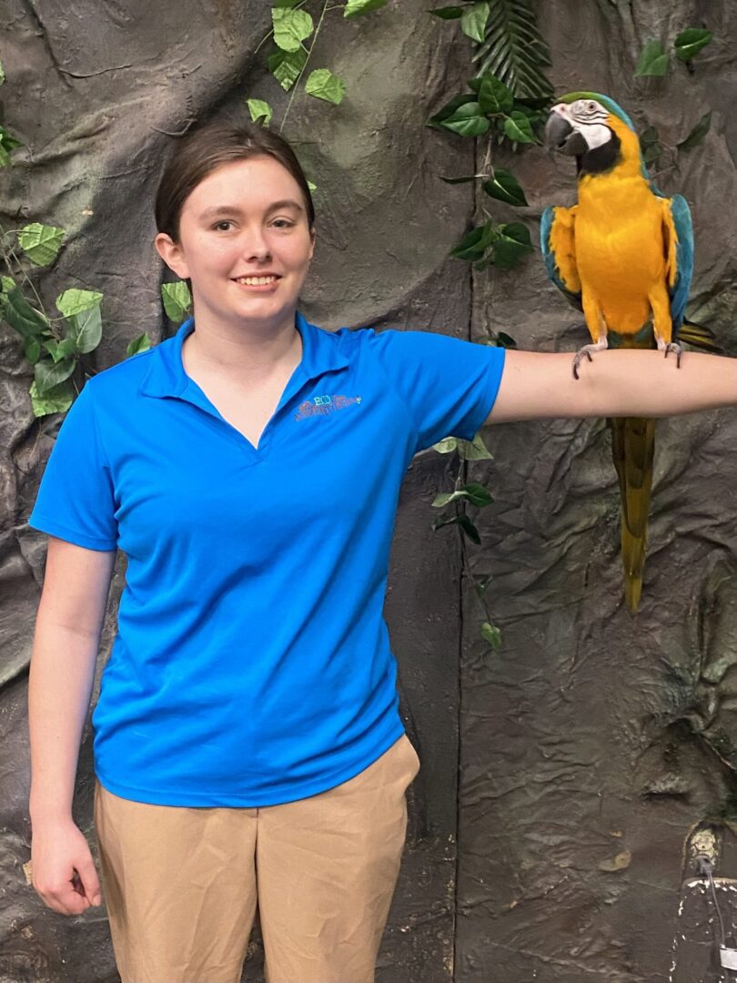 A woman holding onto a parrot in her hand