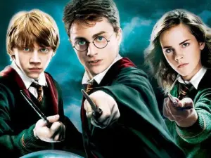 A painting of harry potter and the three main characters.