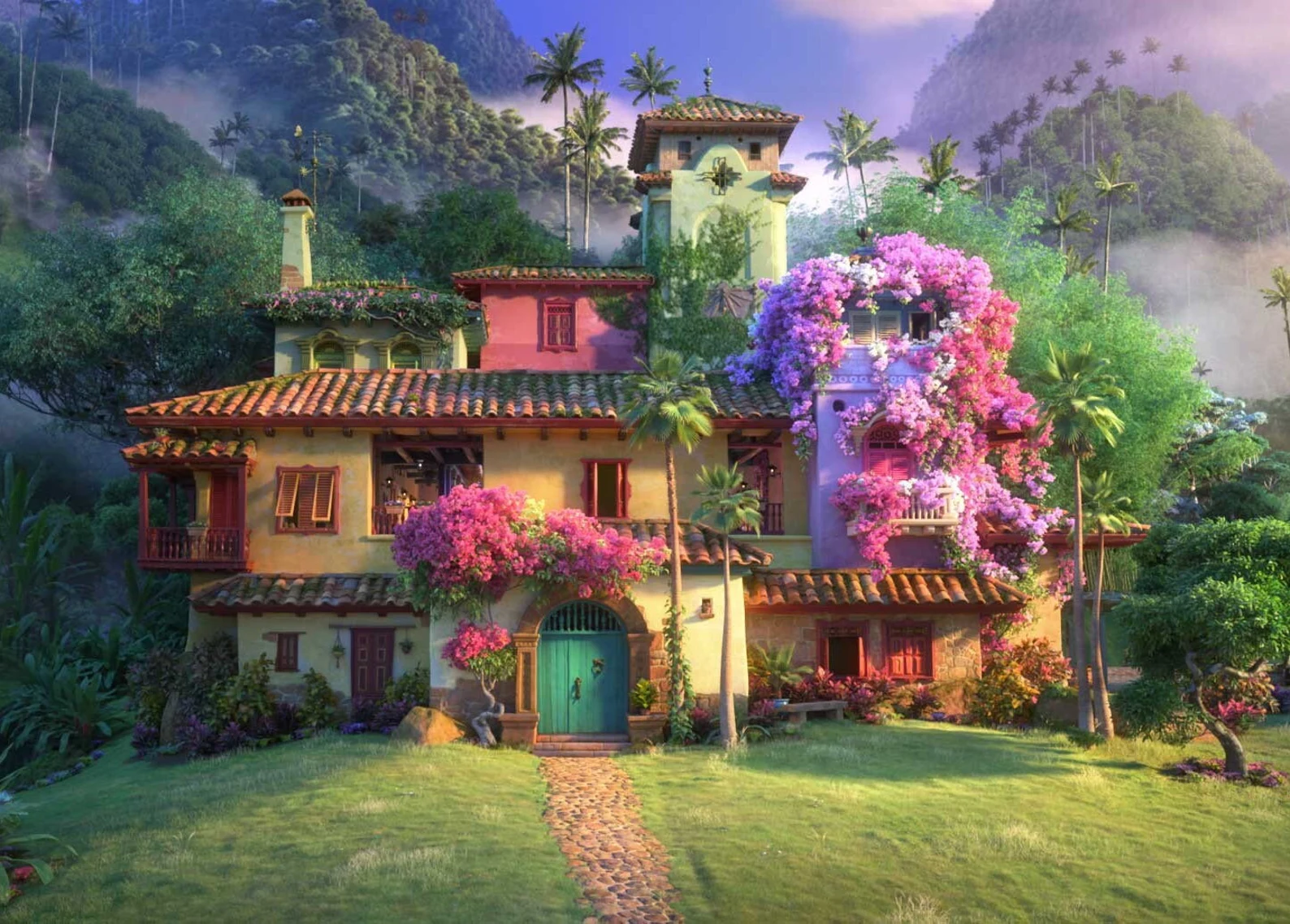 A painting of a house with flowers growing on it.