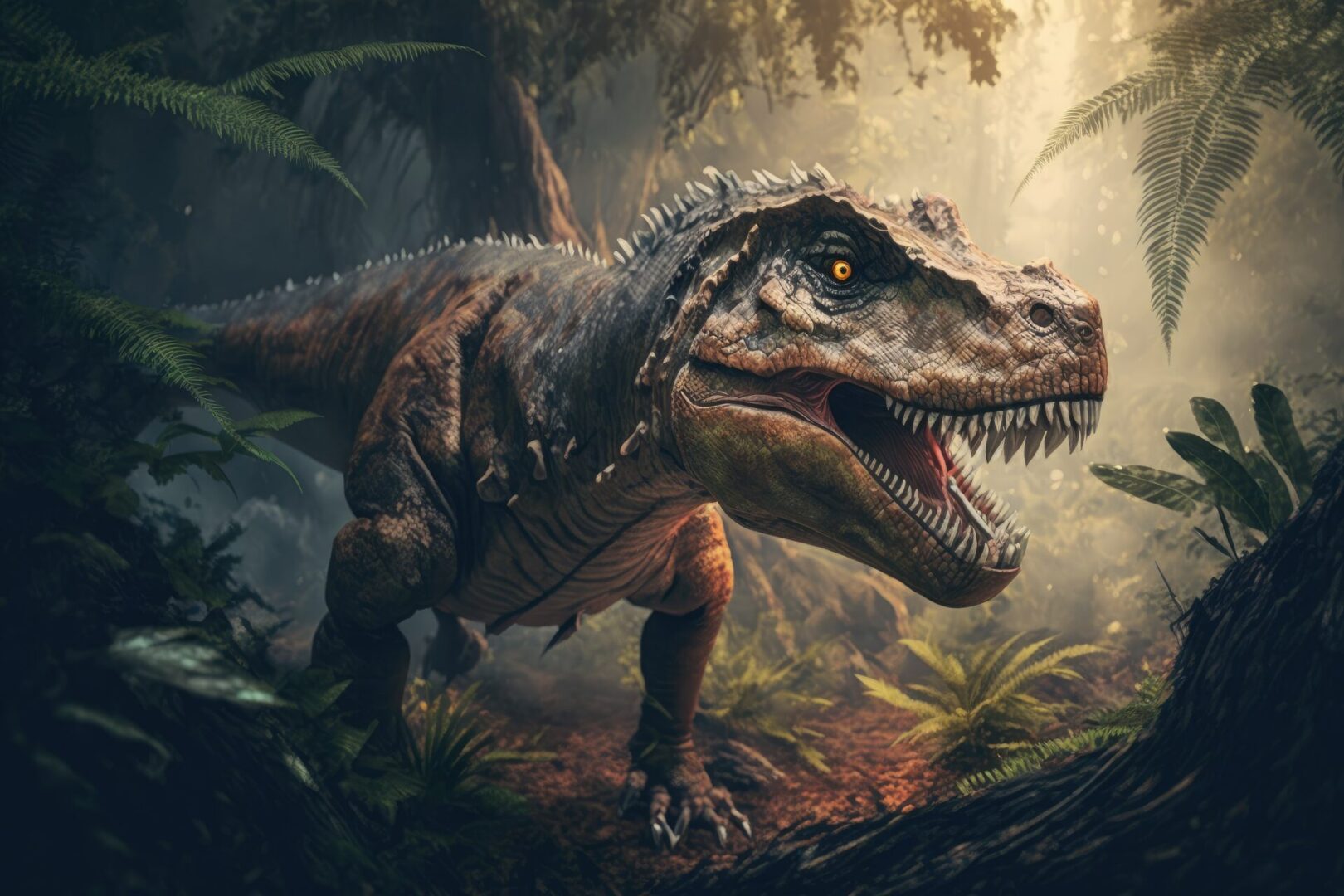 In the Jurassic jungle, a Tyrannosaurus stalks its prey. Dinosaur Period. A hunting T rex