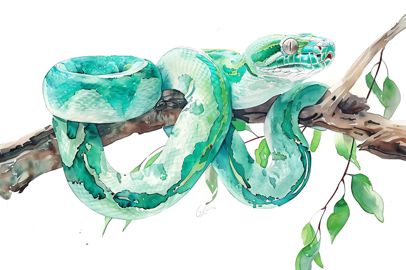 This watercolor painting depicts a vibrant green snake coiled around a branch, its scales shimmering in the sunlight. The delicate brushstrokes and soft colors create a sense of peace and serenity. It is a beautiful and captivating image that would be perfect for use in a variety of contexts.