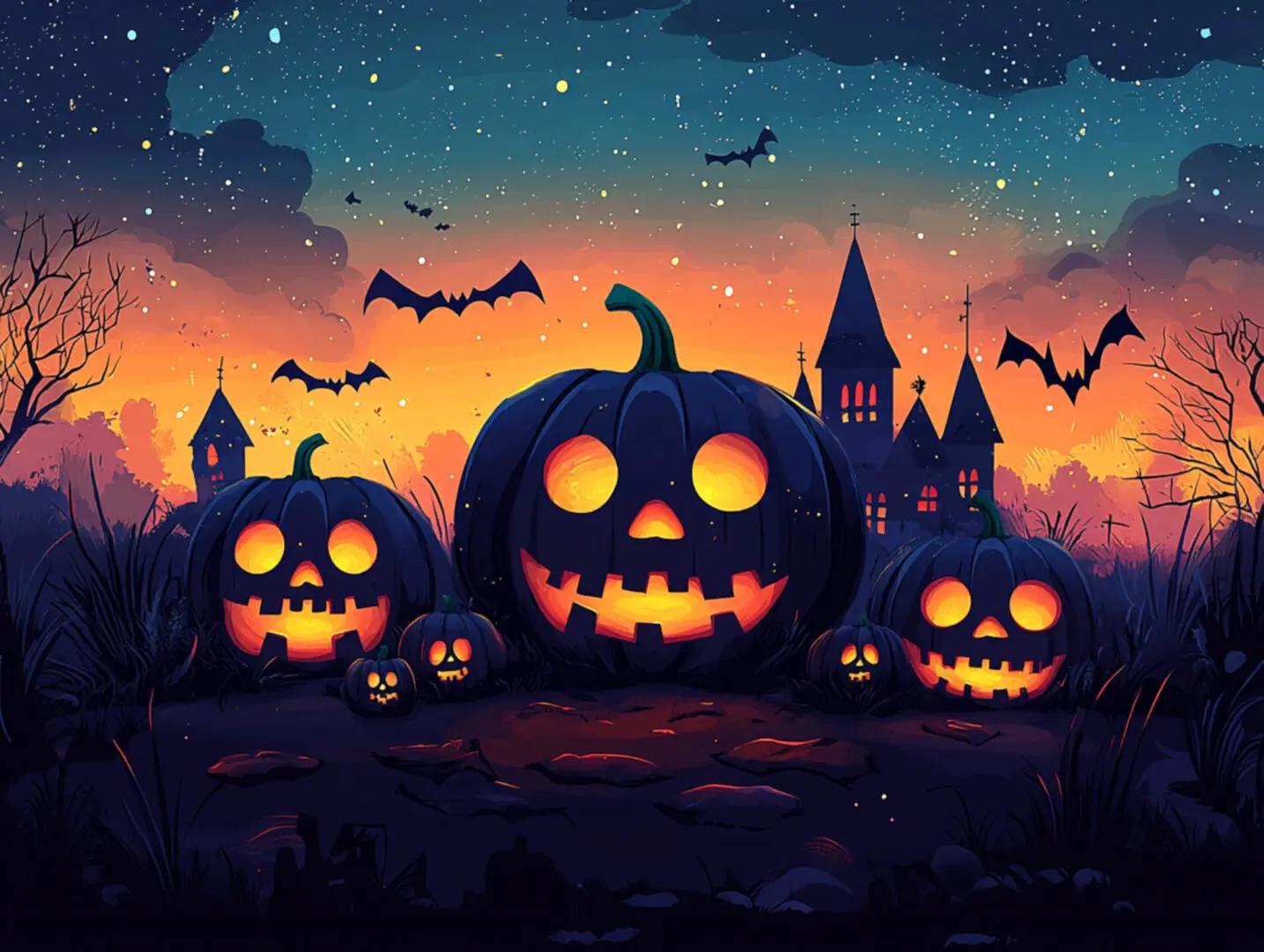 Image of a cute Halloween scene in cartoon style, featuring adorable skulls and dinamic ::2 pose skeletons. Small skulls with big, smiling eyes and skeletons in funny poses are scattered throughout the scene. There are decorative pumpkins and little bats flying around. The color palette includes black, white, purple, and orange, creating a fun and charming atmosphere perfect for a children's Halloween ::1 --ar 4:3 --quality 2 --stylize 750 --v 6.1 Job ID: 091030a7-df48-40a9-94f6-a5fa17c64702