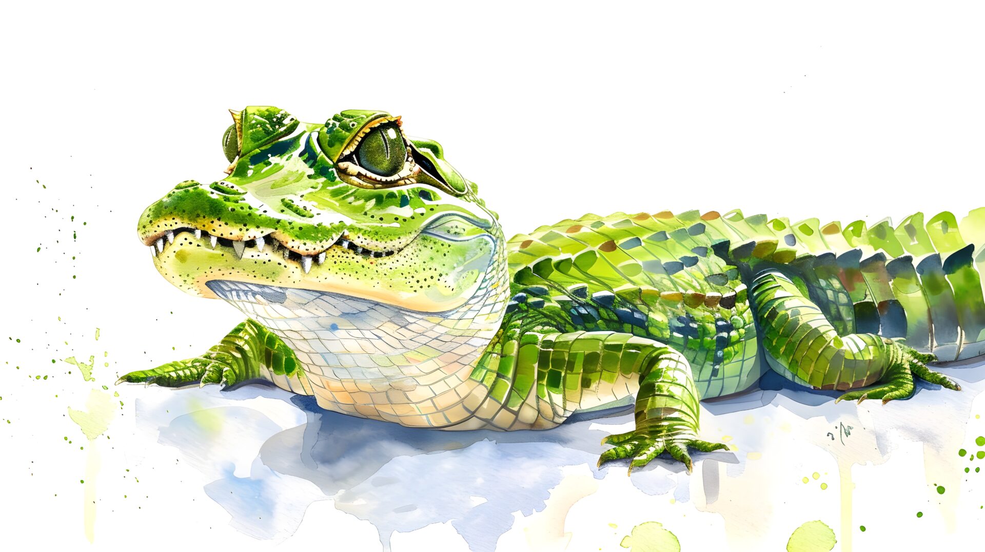 Whimsical Baby Alligator Watercolor Design This charming watercolor artwork features a baby alligator in a vibrant green hue against a soft white background, perfect for adding a whimsical touch to any decor.