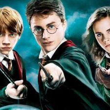 A painting of harry potter and the three main characters.