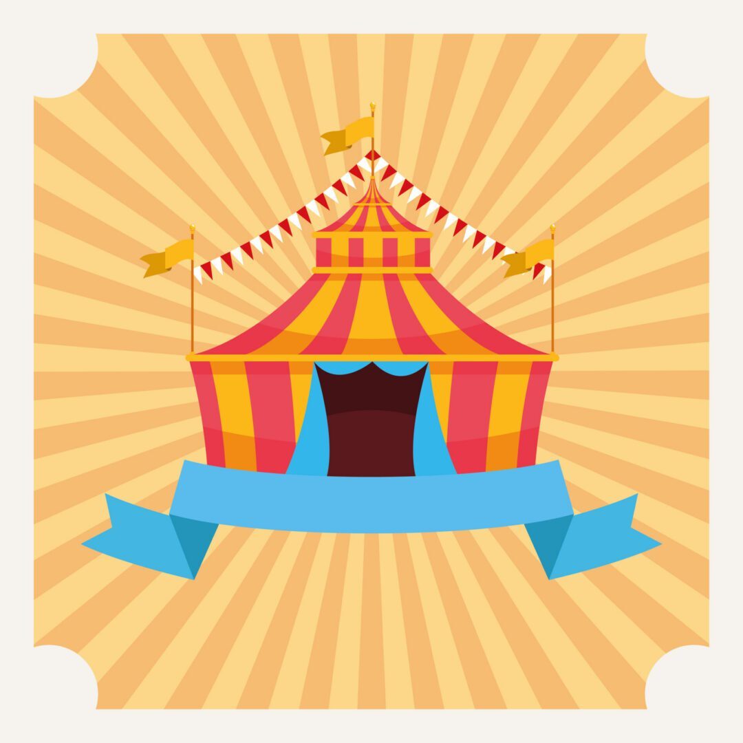 Circus tent with flags and blank ribbon banner on orange striped background vector illustration graphic design