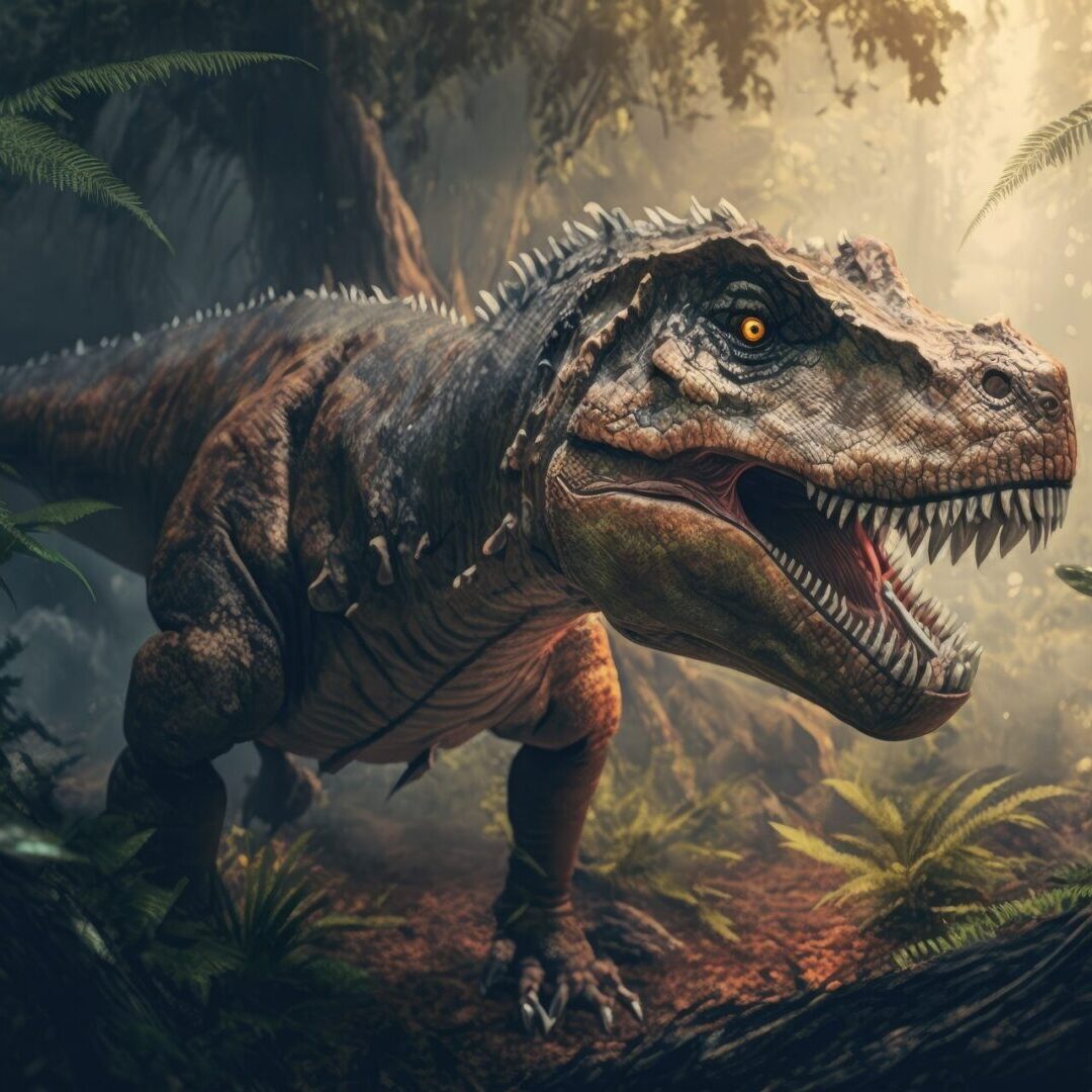 In the Jurassic jungle, a Tyrannosaurus stalks its prey. Dinosaur Period. A hunting T rex