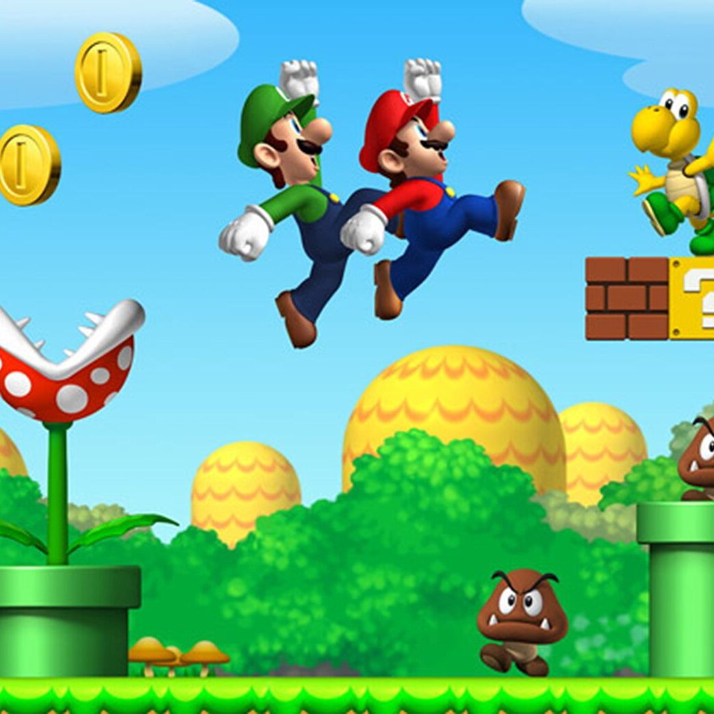 A group of people jumping in the air with nintendo characters.