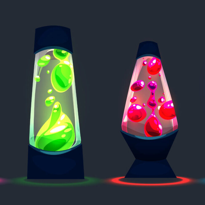 Isolated retro lava lamp vector neon light graphic set. Psychedelic magma luminous illustration with pink, green, red and purple shining float bubbles. Colorful glass bottle clipart design collection